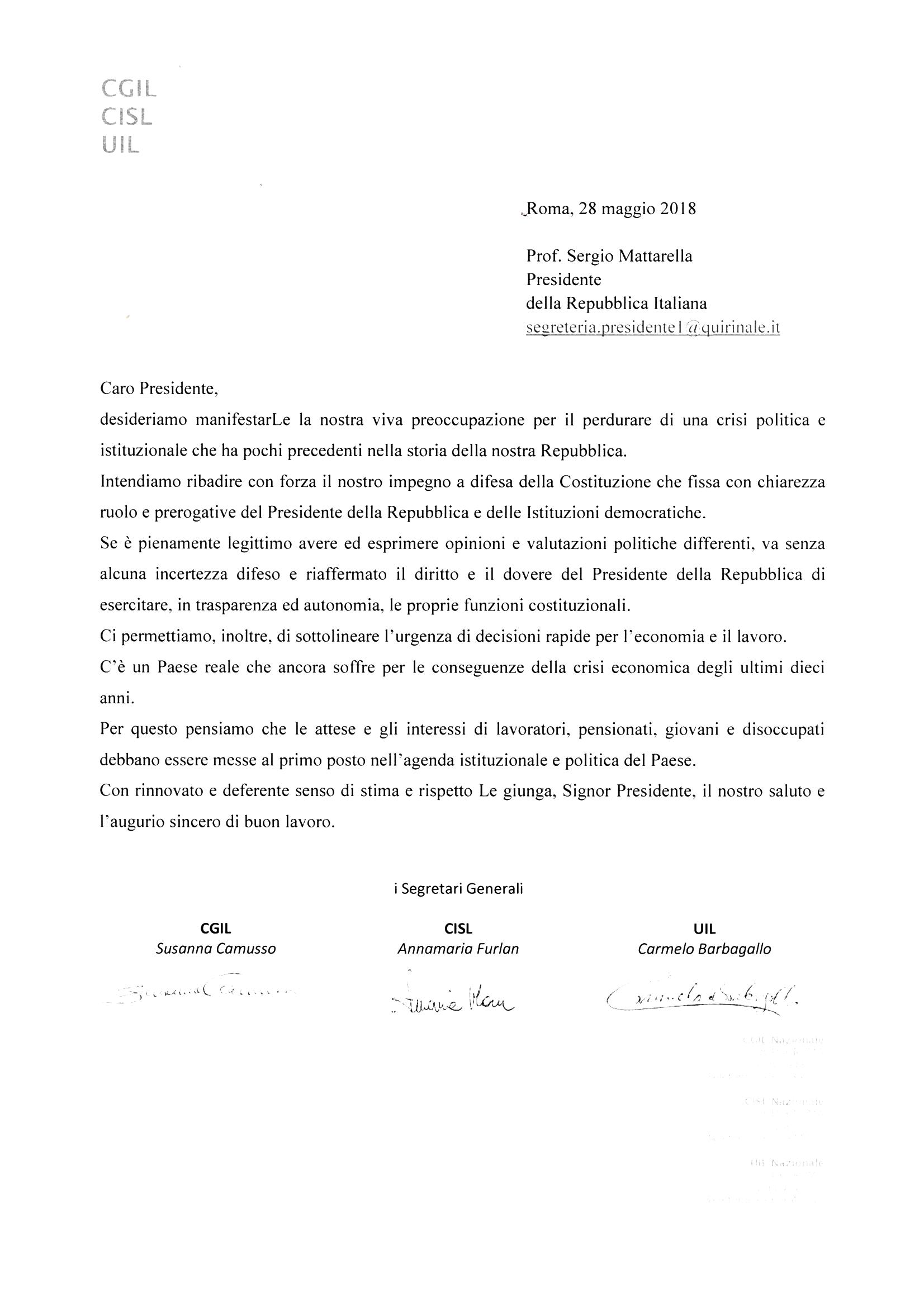 Lettera confederale Mattarella